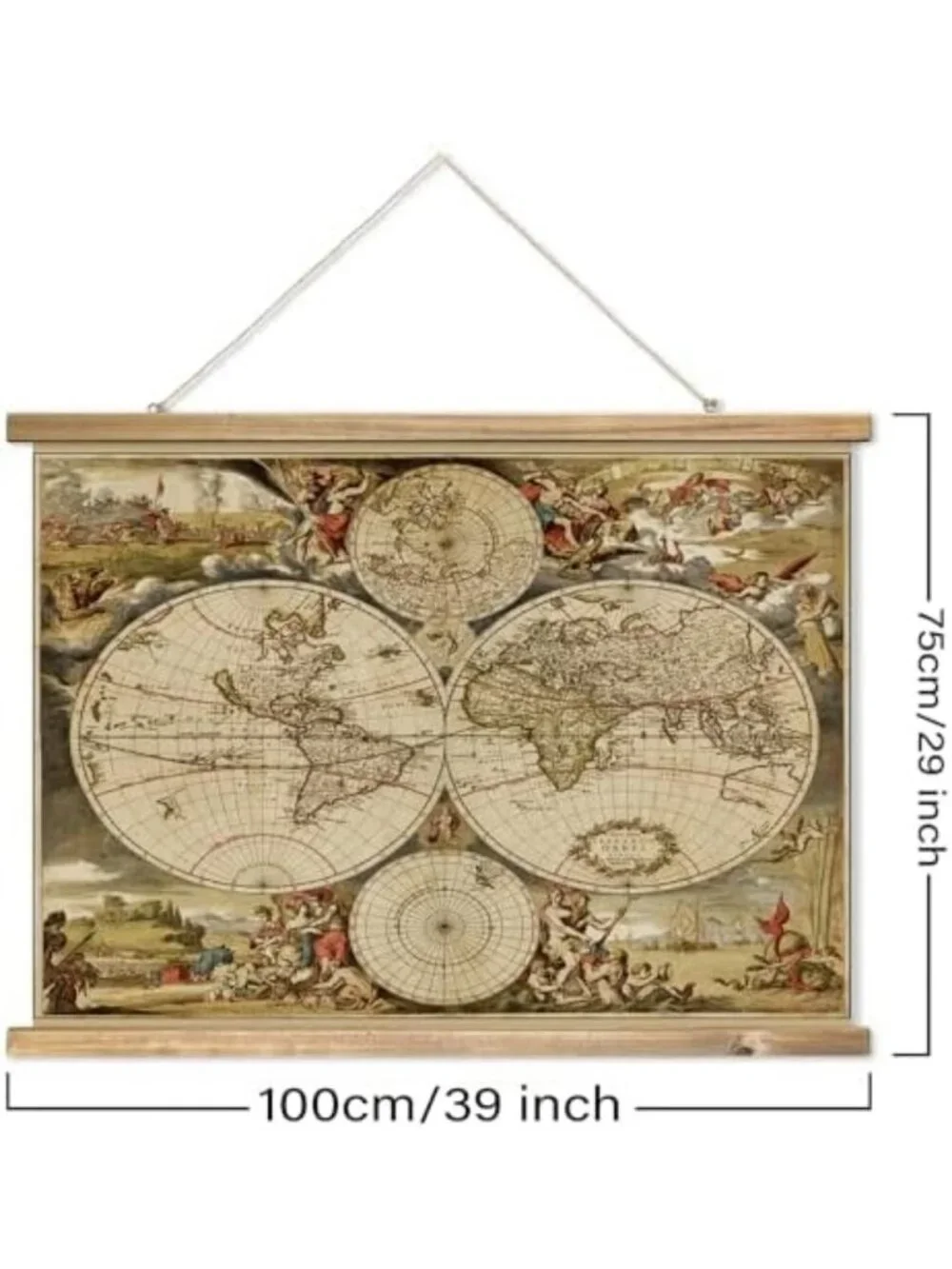 Vintage World Map Wall Art – 17th Century Linen Print with Wooden Hanger